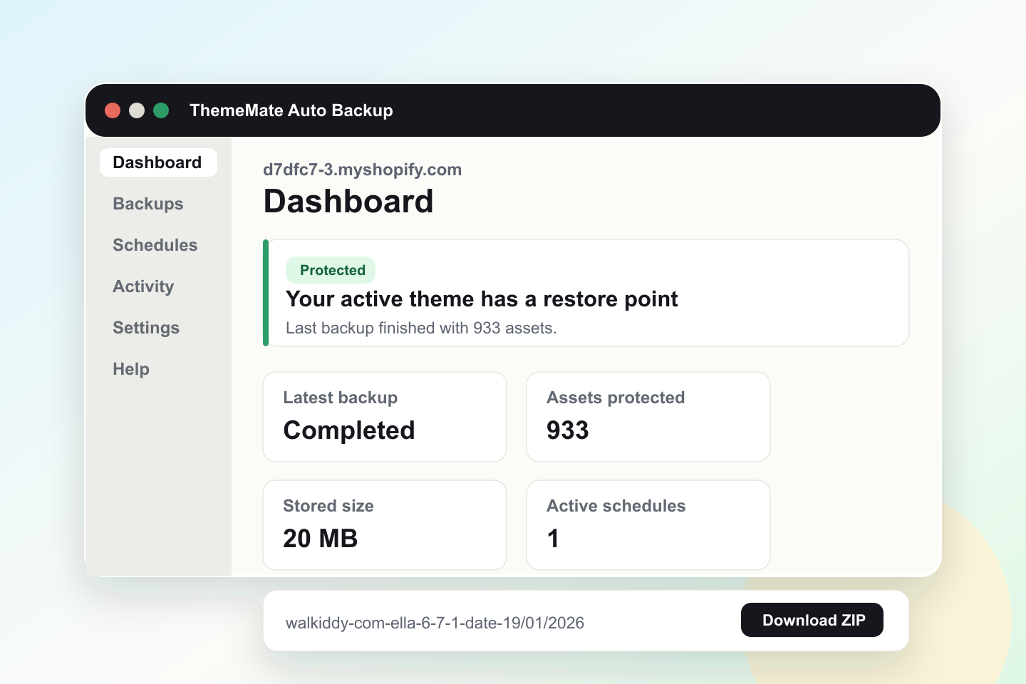 ThemeMate Auto Backup dashboard preview showing backup status, protected assets, and download action.